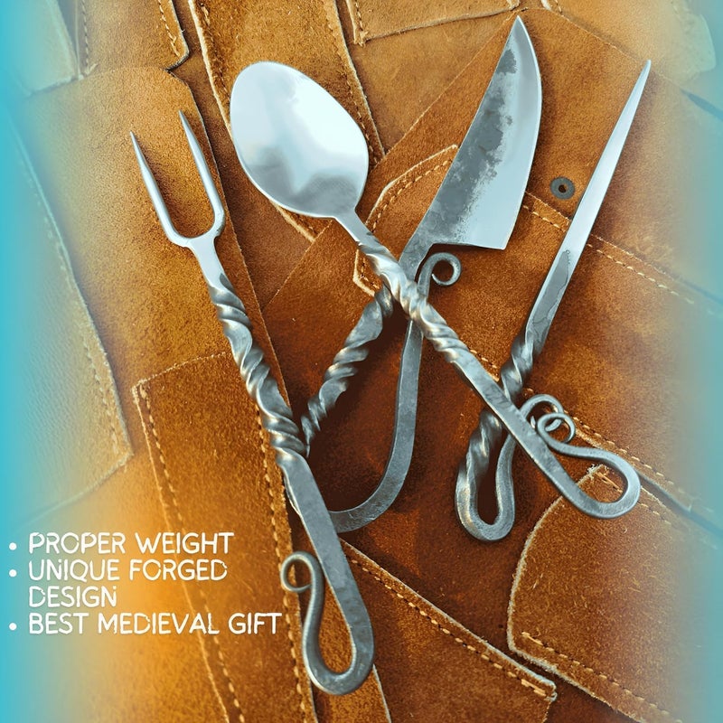 King Tools Viking Knife set, Viking Cutlery Set Hand Forged Black Silverware Set With Leather Cover- Medieval 4 Pcs Kitchen Utensils Set, Knife Spoons And Forks Set- Dinnerware Sets, Utensils Set - Image 5